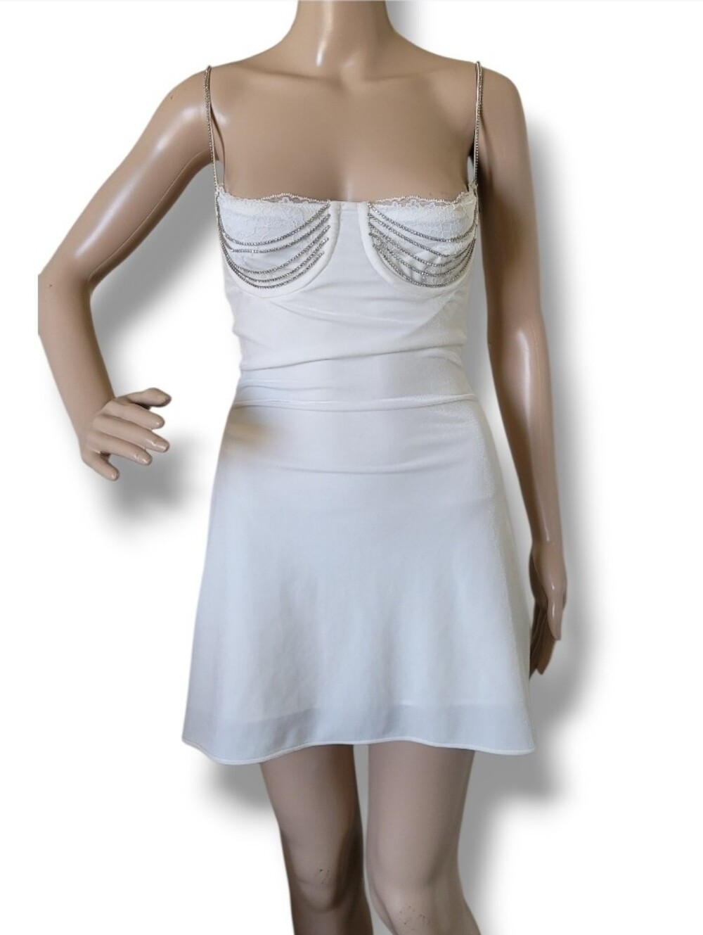 House Of CB Grace Lace Crystallised Velour Mini Dress XS Ivory Velvet - Picture 4 of 11